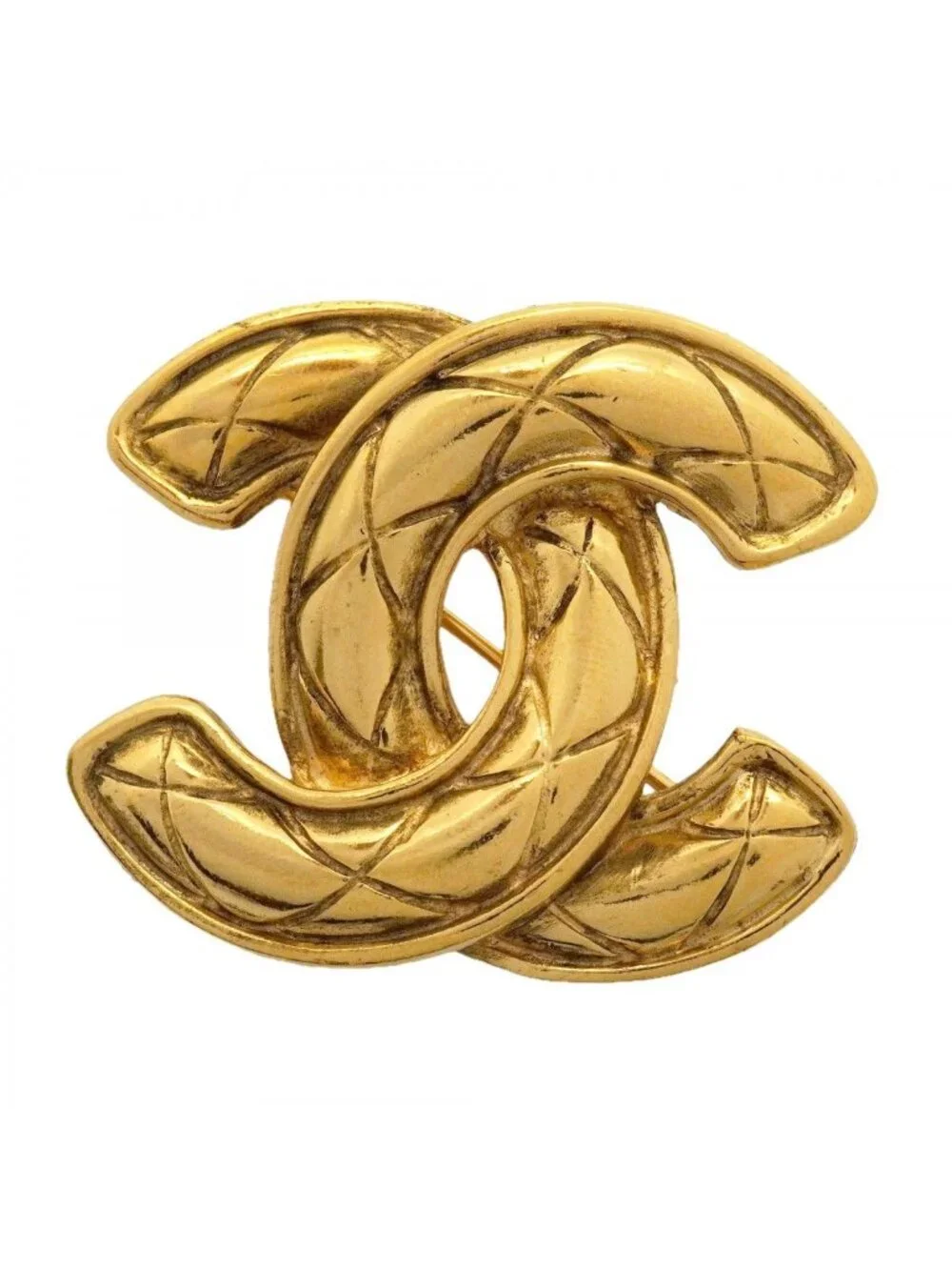 Chanel Brooch Vintage CC Logo Quilted Gold Plated